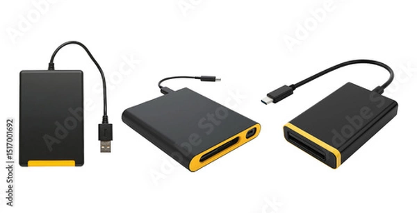 Obraz Three pieces of black and yellow SSD hard disk set on an isolated transparent background.