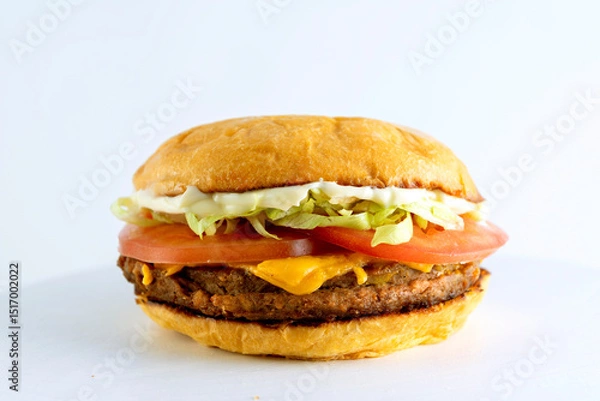 Obraz A catalog of burgers in different varieties with potato buns, meat and vegan medallions with lettuce, tomato, bacon, cucumbers, cheddar cheese, and American-style caramelized onions.