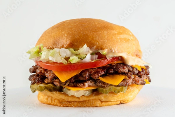 Obraz A catalog of burgers in different varieties with potato buns, meat and vegan medallions with lettuce, tomato, bacon, cucumbers, cheddar cheese, and American-style caramelized onions.