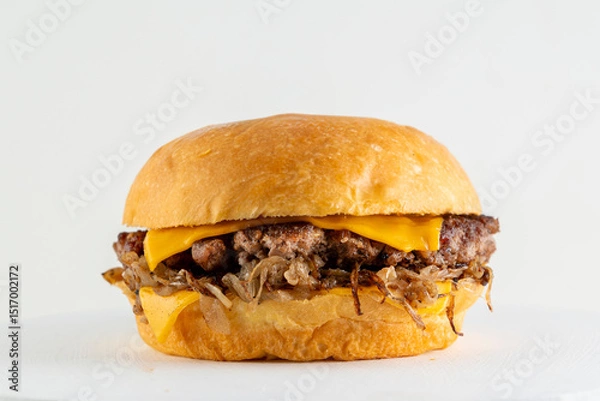 Obraz A catalog of burgers in different varieties with potato buns, meat and vegan medallions with lettuce, tomato, bacon, cucumbers, cheddar cheese, and American-style caramelized onions.