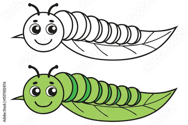 Fototapeta Cute Cartoon Caterpillar on a Leaf with Color and Outline Variations