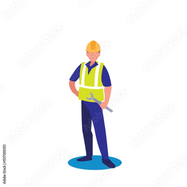 Obraz Vector Illustration of Construction Worker Wearing Hard Hat and Safety Vest, Holding a Wrench on White Background