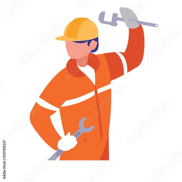 Obraz Vector illustration of a construction worker in an orange jumpsuit and hard hat, holding a pipe wrench above his head and a regular wrench in his hand, representing skilled trades