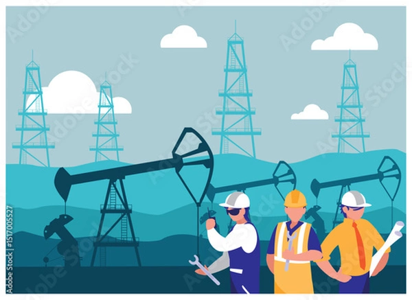 Fototapeta Vector illustration of a team of oil field workers, including a mechanic, engineer, and supervisor, standing in front of pumpjacks and oil derricks against a bright sky