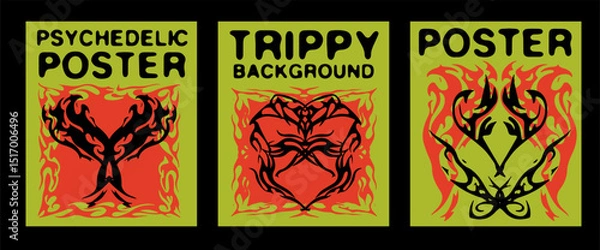 Obraz Three psychedelic poster designs with tribal tattoo elements on bold green and red backgrounds. Stylized motifs and thick lines represent the Y2K tribal trend, popular in today’s digital art scene.
