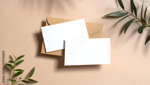 Fototapeta Blank White Cards and Kraft Envelope Mockup with Olive Branches