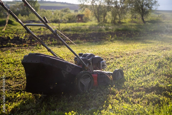 Fototapeta mowing the grass with a lawn mower. Garden work concept background.