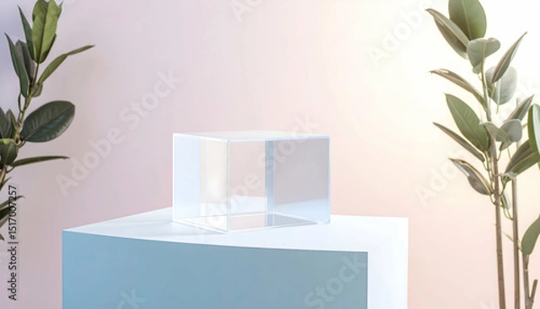 Fototapeta Clear Acrylic Cube Display on Pastel Green Pedestal with Greenery