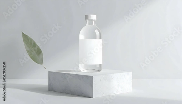 Fototapeta Clear Water Bottle Mockup on Concrete Block with Leaf
