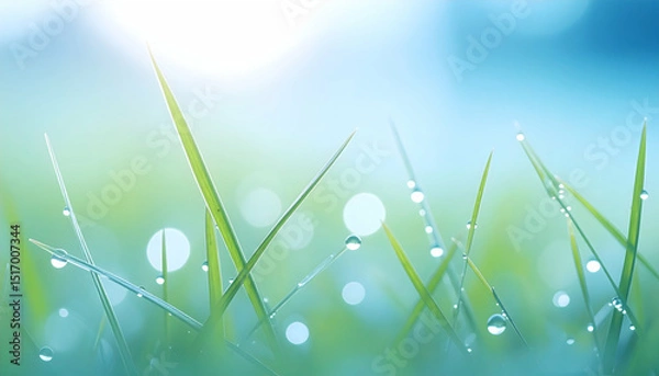 Fototapeta Closeup of Dew Drops on Green Grass Blades in Soft Light