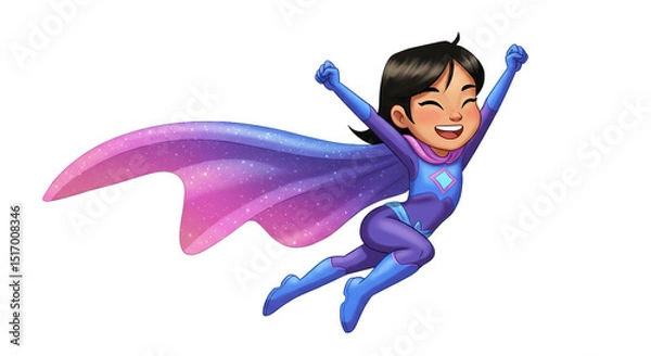 Obraz Happy Superhero Girl in Cape Flying with Joy isolated on transparent background. Child's Imagination and Strength.