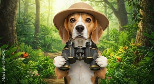 Obraz Beagle Dog Explorer Wearing Safari Hat Holding Binoculars in Green Forest Adventure Exploring Traveling Theme Outdoors