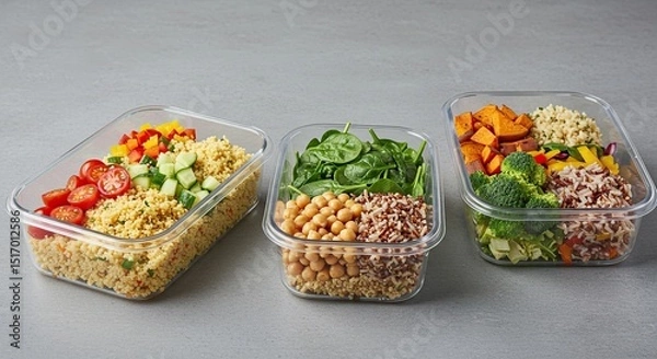 Obraz Healthy Meal Prep Containers with Quinoa Chickpeas Sweet Potato and Broccoli Ready for Lunch