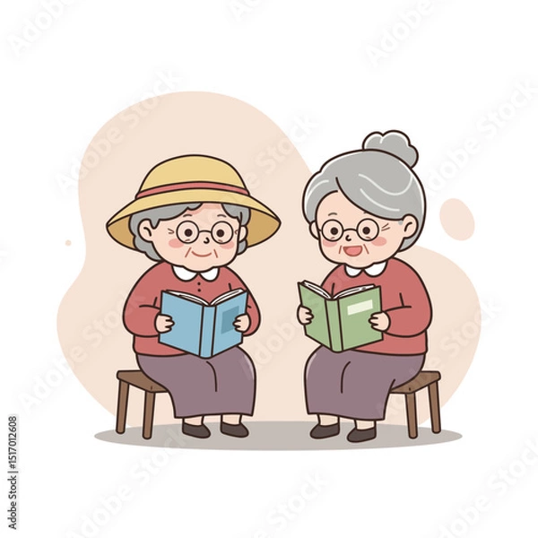 Obraz Elderly women reading books while sitting on stools in a cozy setting  