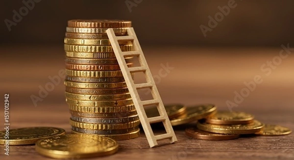 Obraz Stack of Gold Coins with a Ladder Concept of Financial Growth Progress and Achievement Isolated