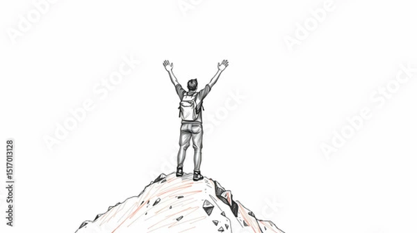 Obraz A hiker standing with arms raised on a mountain peak over amazing scenery