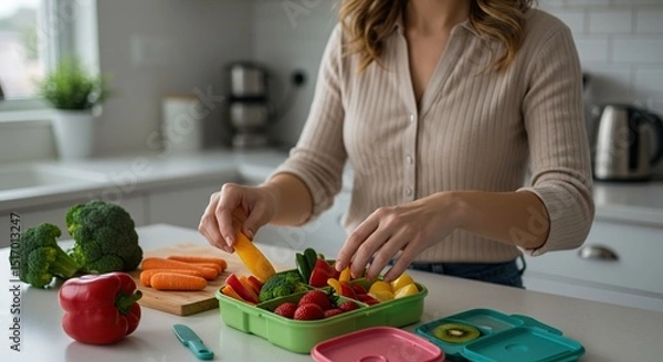 Obraz Woman Arranging Healthy Vegetable Snack Tray in Kitchen Lunchbox for Diet Concept Foodie
