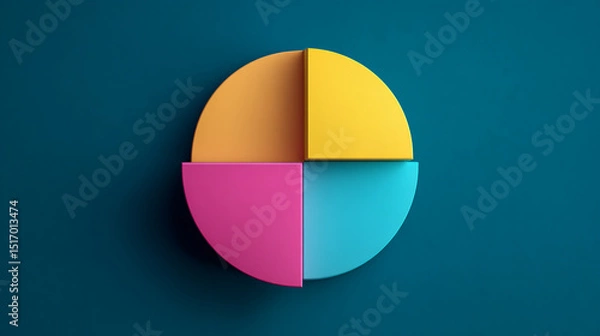 Fototapeta Circular graphic divided into four colorful segments: orange, yellow, pink, and teal.  Represents data visualization, segmentation, or teamwork