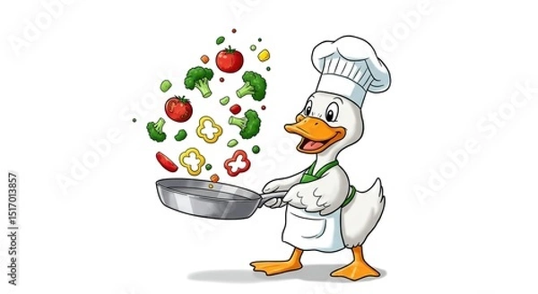 Obraz Funny Duck Cartoon Character in Chef's Hat Cooking Tossed Vegetables Isolated on White Background Illustration