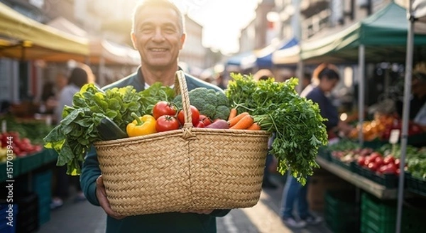 Obraz Smiling Man Holding Basket Full of Fresh Vegetables at Farmers Market in Town on Sunny Day