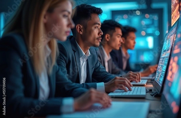 Fototapeta Group of people working on computers. Cybersecurity training in hightech office environment. Colleagues collaborate with holographic displays showing security concepts. Tech, corporate, education,