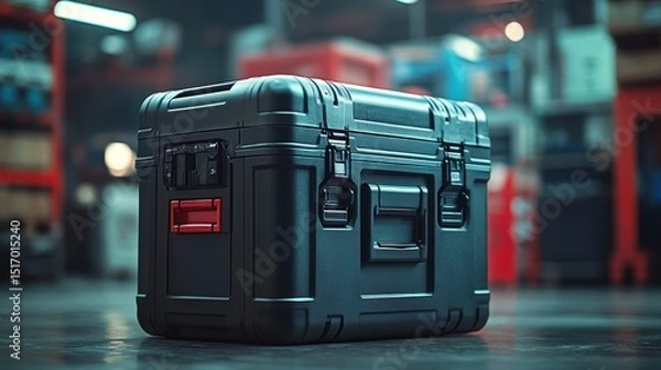 Obraz Black hard-shell case on floor, blurred workshop background