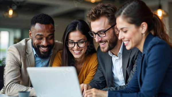 Obraz Close-up of smiling multiethnic team of business colleagues gathered around laptop in modern office