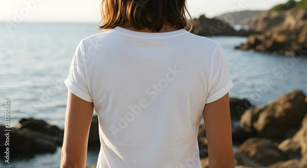 Fototapeta Woman in white tshirt ocean view summer mockup design