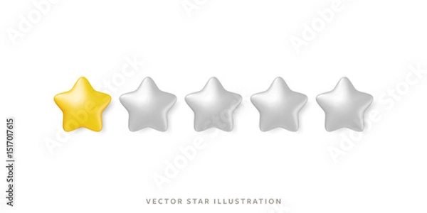 Obraz One glossy gold stars in row for customer review representing high quality rating system. 3d realistic vector 5 yellow star object design for feedback, service evaluation in mobile or product rating