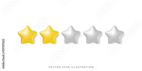 Obraz Two glossy gold stars in row for customer review representing high quality rating system. 3d realistic vector 5 yellow star object design for feedback, service evaluation in mobile or product rating