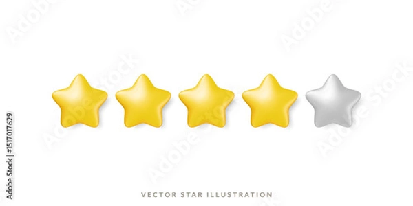 Fototapeta Four glossy gold stars in row for customer review representing high quality rating system. 3d realistic vector 5 yellow star object design for feedback, service evaluations in mobile or product rating