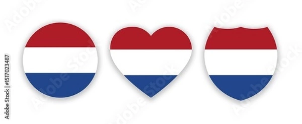 Fototapeta Netherlands national flag in a shape of circle, heart and shield isolated on white. Illustration