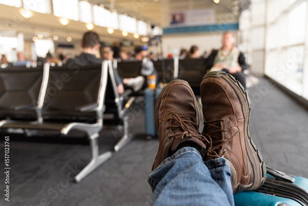 Fototapeta Traveler Relaxing At Airport With Feet On Suitcase