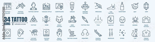 Obraz Tattoo vector line icon set. Included icons as skin, body, artist, style, art and more.