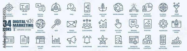 Obraz Digital Marketing, E commerce, Branding and Seo- minimal thin line web icon set. Outline editable icons collection. Simple vector illustration.