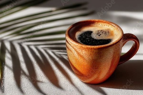 Fototapeta Cup of black coffee casting shadows on a bright surface background