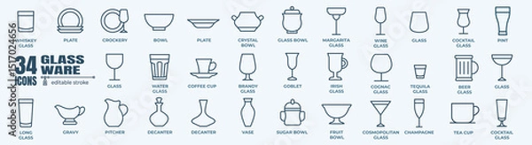 Fototapeta Glass ware, dish and Tableware minimal thin line web icon set. Outline editable icons collection. Simple vector illustration.