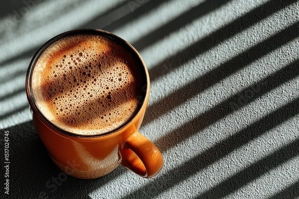 Fototapeta Close-up of a coffee cup in sunlight with shadow patterns