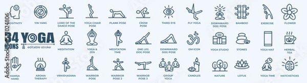 Obraz Yoga icon and yoga pose set - graphic design elements in outline style for spa center or yoga studio. Set of line logos and symbols. Vector illustration.