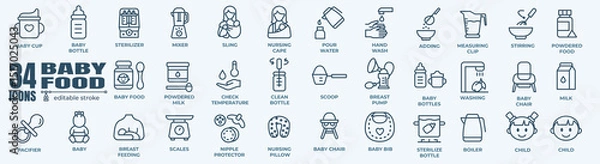 Obraz Baby food and drink icons, such as bottle, jar, powder, cereal and more. Editable stroke.