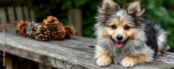 Fototapeta Adorable fluffy puppy posing outdoors on a wooden bench with pine cones