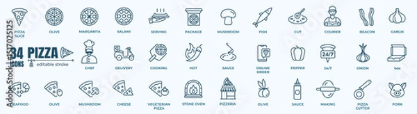 Obraz Pizza Related Vector Line Icons. Editable Stroke. 48x48 Pixel Perfect