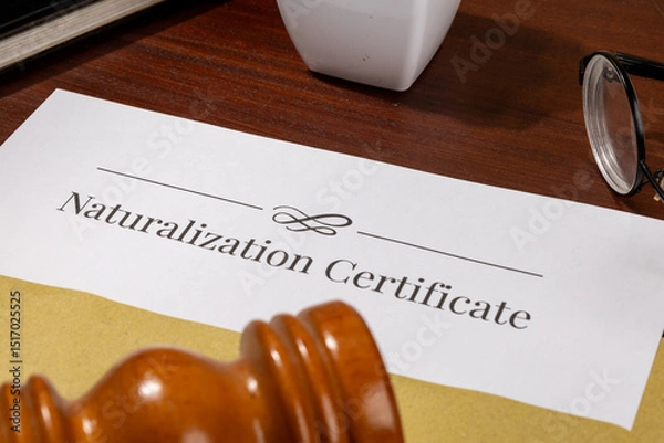 Fototapeta Naturalization Certificate Document on Table with Gavel – Citizenship Law Concept