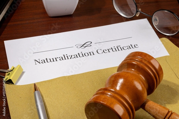 Fototapeta Naturalization Certificate Document on Table with Gavel – Citizenship Law Concept
