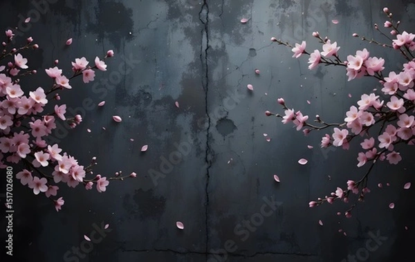 Obraz a dark grunge concrete wall with spring pink blossoms on branches on sides of background with copy space in the middle