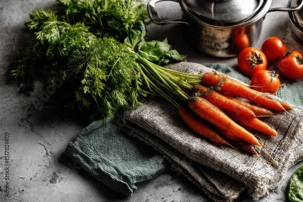 Fototapeta Fresh vegetables composition featuring carrots, tomatoes, and greenery on rustic fabric