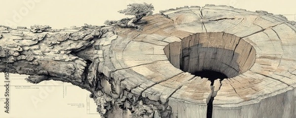 Fototapeta Detailed hand-drawn illustration of an ancient tree trunk cross-section