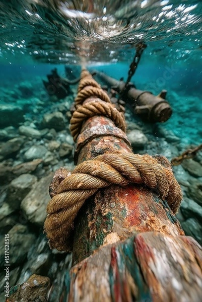 Fototapeta Underwater view of a rusted pipeline with rope in clear blue ocean