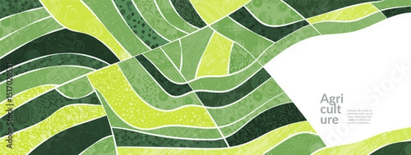 Fototapeta Field and farm landscape with vineyard pattern, corn crop and vector background. Wine crop on hill land, wheat and soy plants. Organic countryside view above vineyard, rural valley, panorama in spring