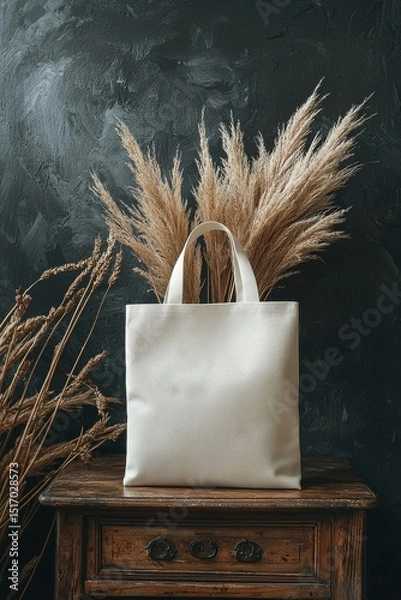 Fototapeta Large blank tote bag placed elegantly on a wooden table in soft light